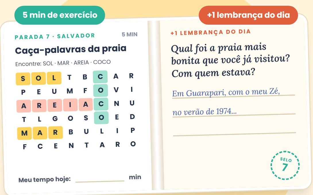 Exemplo do Método 5+1: atividade de caça-palavras e espaço para uma lembrança escrita à mão